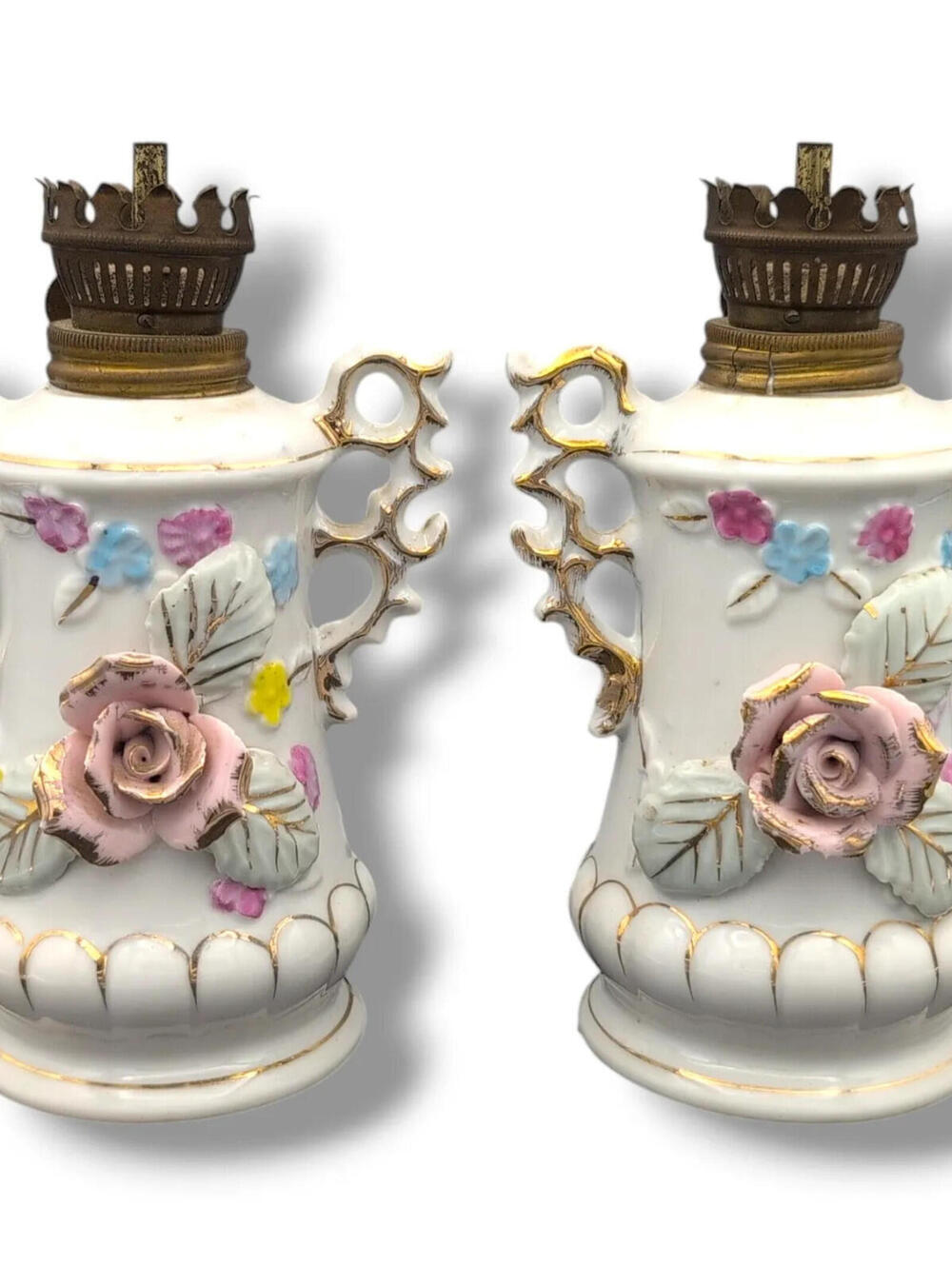 Vintage Betson's Japan White Floral Rose Porcelain Oil Lamps Pair Victorian